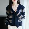Spring Two Piece V Neck Sweater Set with Shawl Striped Wool Knit Slim Fit Long Sleeve Casual Letter