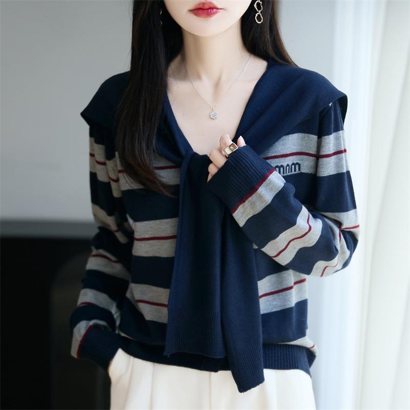 Spring Two Piece V Neck Sweater Set with Shawl Striped Wool Knit Slim Fit Long Sleeve Casual Letter