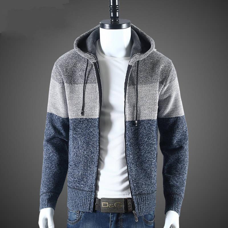 Men's Fall and Winter Hooded Sweater Patchwork Knitted Jacket Windproof Warm Knitted Jacket