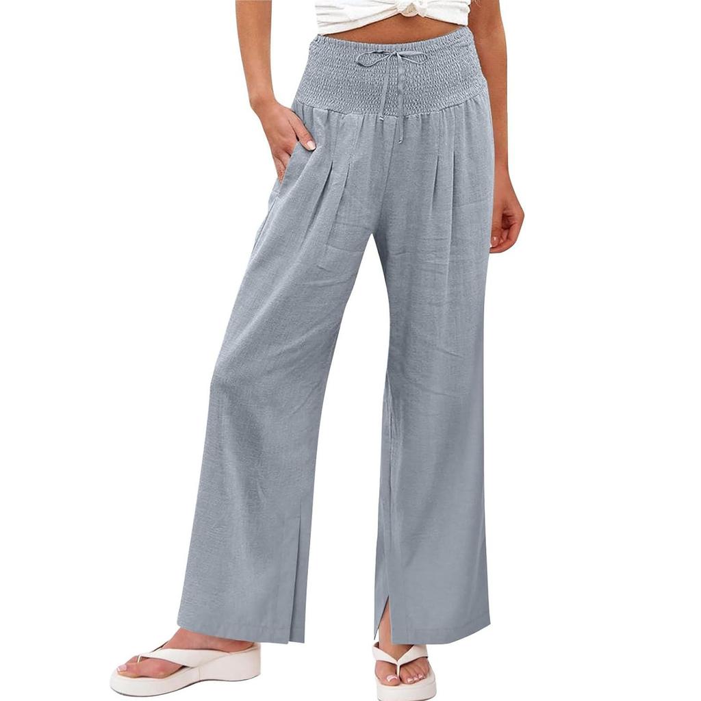 Women Elastic High Waist Pant Casual Fit Wide Leg Long Pants Trousers With Pockets