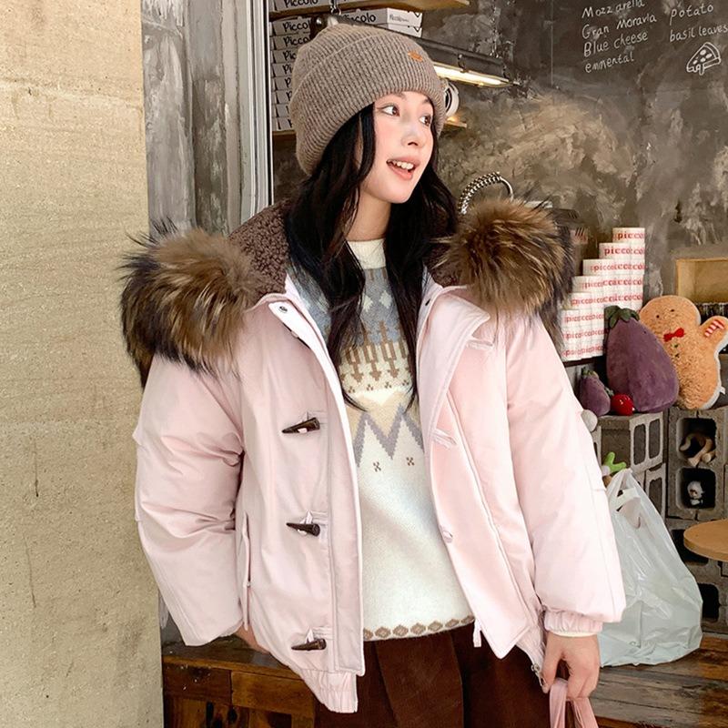 New Horn Buckle Hooded Big Fur Collar Down Cotton Clothes Women's Retro Pie Overcomes Winter Thickened Coat Students