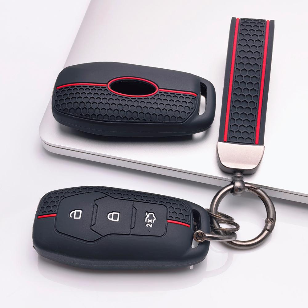 Silikonowe etui na kluczyk z brelokiem do Forda 3-przyciskowego kluczyka Smart, Pasuje do Forda Focus Mondeo Kuga Escape MK4 Mustang, Z antypoślizgowym uchwytem o strukturze plastra miodu