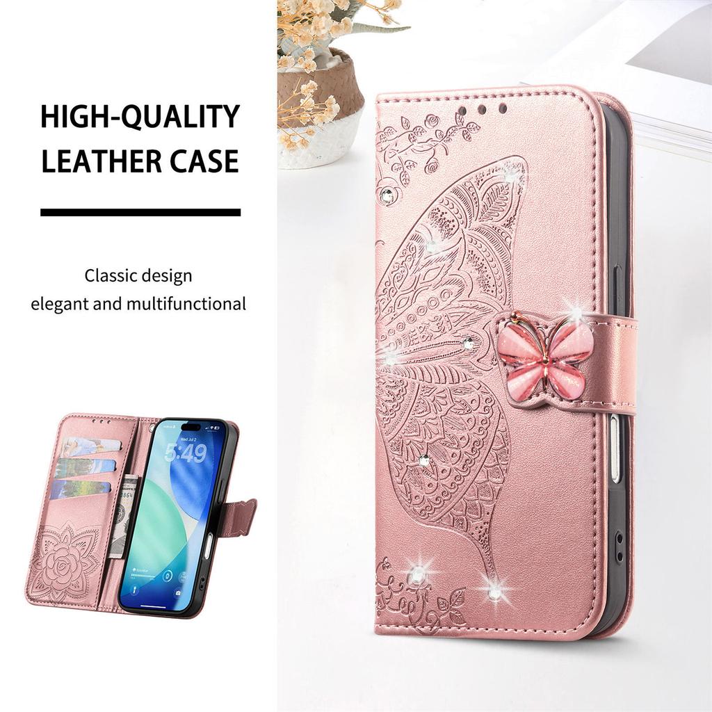 For iPhone 17 Pro Case 3D Rhinestone Decor Butterfly Flower Leather Phone Cover with Wrist Strap