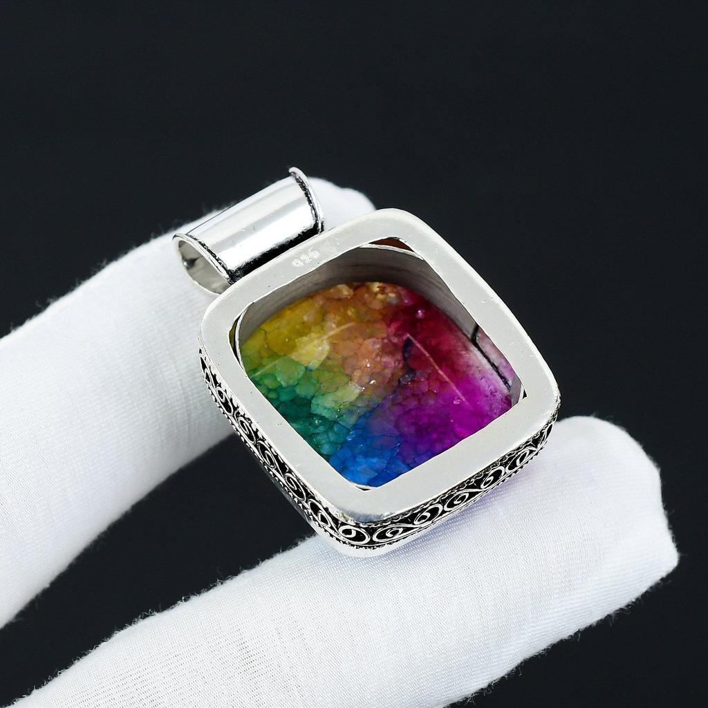 Natural Rainbow Solor Quaraz Gemstone Silver Pendant In 925 Sterling Silver- Handmade Heart Design, Everyday Wear Jewelry, Unique Pendant Gifts