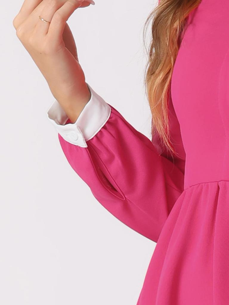 Allegra K Women's Fuchsia Short Dress with Long Sleeves, Vintage A-Line Design, Round Collar, and Contrast Half Placket, Size M