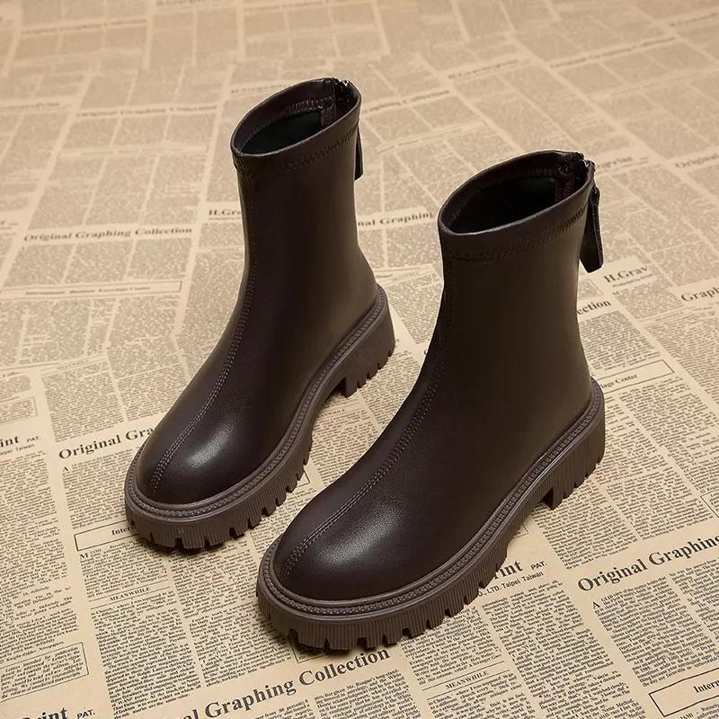 Fashion Women's Chelsea Boots Fashion Round Toe Short Booties Ladies Elegant Square Heel Shoes Winter Soft Leather Women's Footwear2024