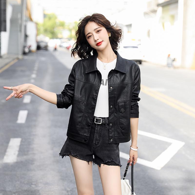 

Женская куртка из натуральной кожи 2025: Стильное, стройнящее, универсальное короткое пальто с лацканом. XL