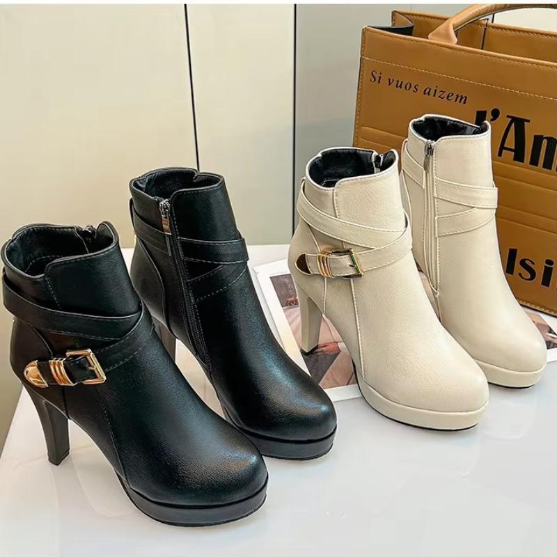 Fashion Spring Autumn New European American Women Pumps Fashion Belt Buckle Sexy Leather Boots Side Zipper High Heels Shoe Zapatos Mujer