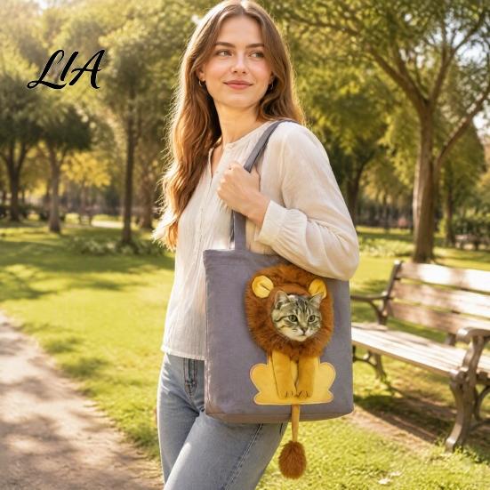 Pet Carrier with Head Hole Canvas Cat Purse, Plush Lion Tote Safe for Kittens Hole, Safety Buckle, Foldable Shoulder Bag Carrying Cats Small