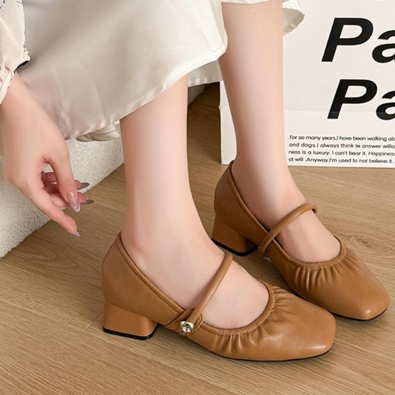 Mode Die 2025 Frühling Luxus Plissiert Designer Eckige Zehen Grobabsatzschuhe, Outdoor Lässig und Bequem Damen Mary Jane Schuhe
