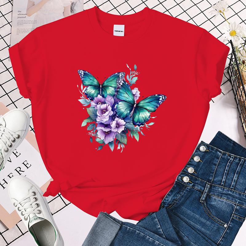 

(Premium T-shirt)Funny Flower Butterfly Print T-Shirts For Women Summer Round Neck Tee Shirt Femme Fashion Casual T-Shirts S