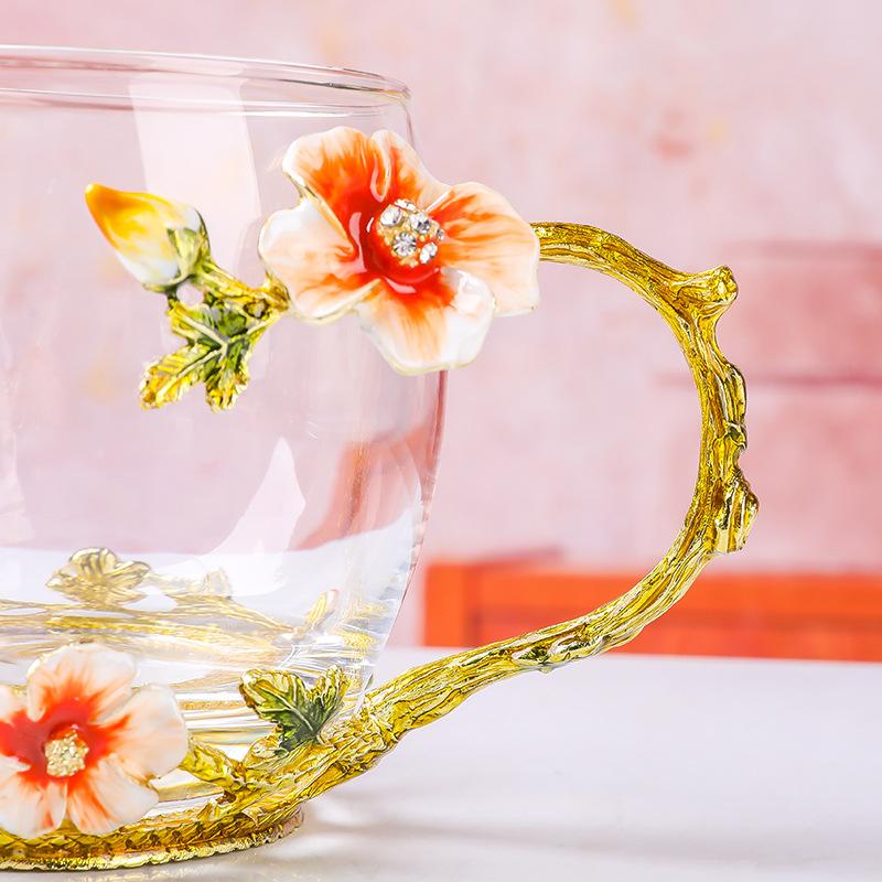 Enamel Color Flower Teacup Household Glass Afternoon Tea Water Cup Light Luxury Crystal Cup High Temperature Resistant Cup