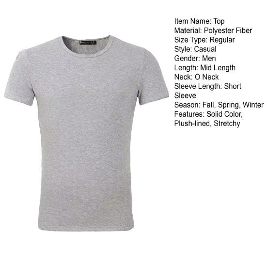 Yousheng Men Summer Top Plush-lined Short Sleeves Round Neck Solid Color Pullover Basic Top Elastic Bottoming Clothes