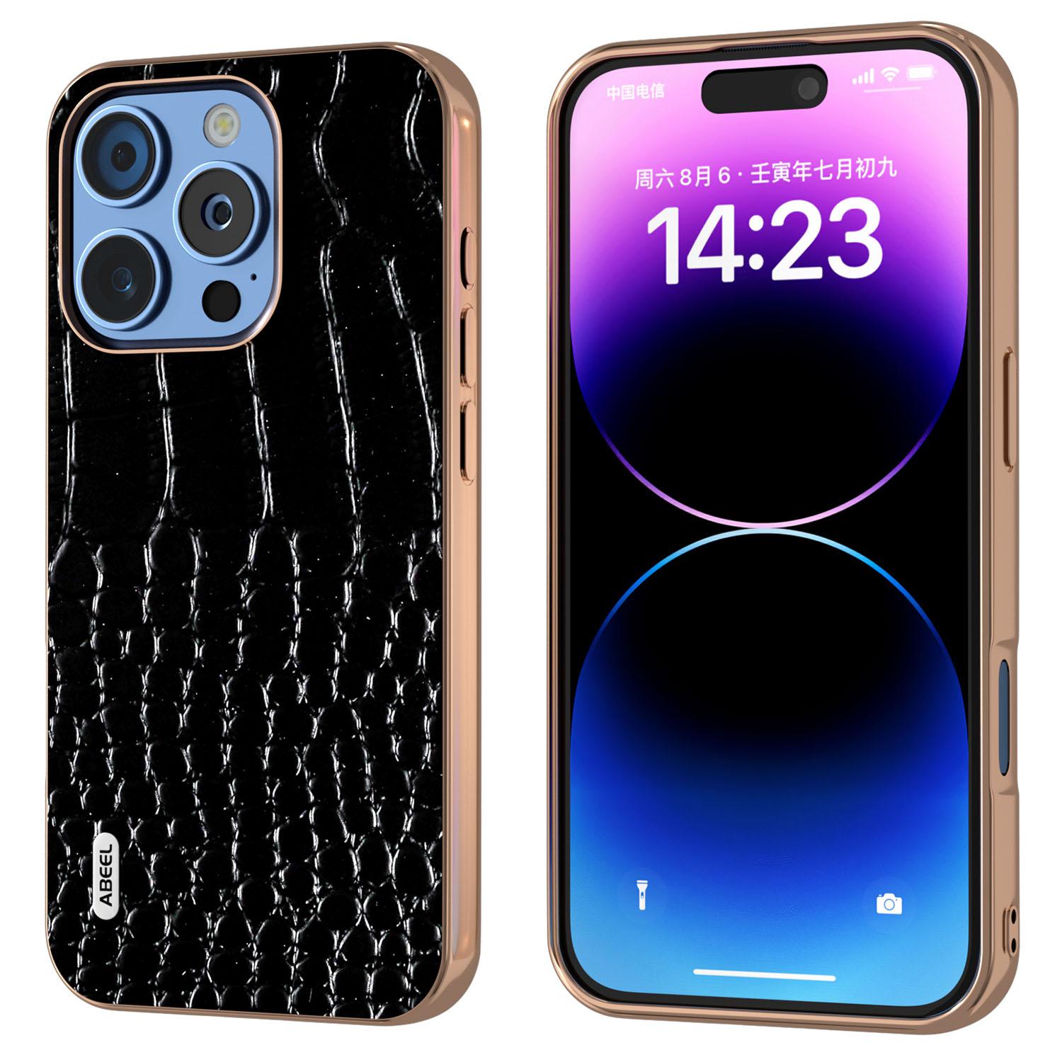 

ABEEL Чехол для iPhone 16 Pro Max Электроокрашенный край Текстура крокодила Натуральная коровья кожа Задняя крышка телефона A