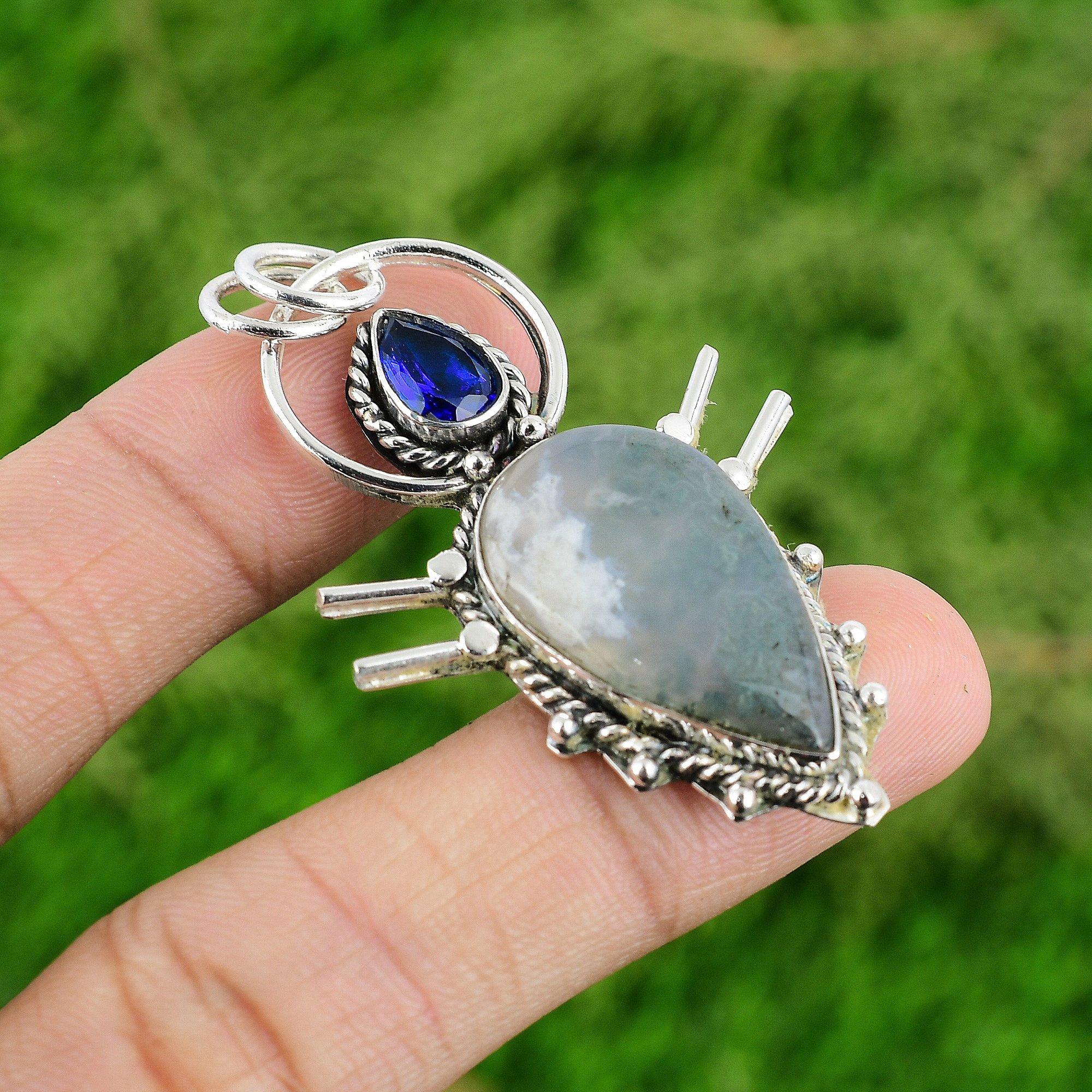 

Mothers day Deal 925 Silver Pear Solar Moss Agate Stone Tanzanite Quartz Pendant