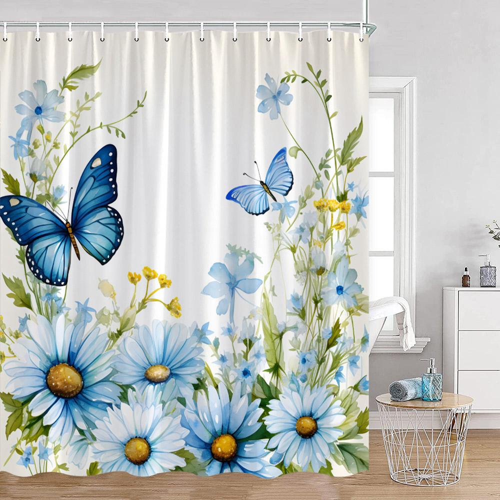 Watercolor Flowers Shower Curtains Colorful Flower Green Plants Botanical Bathroom Decorations Modern Aesthetic Bath Curtains