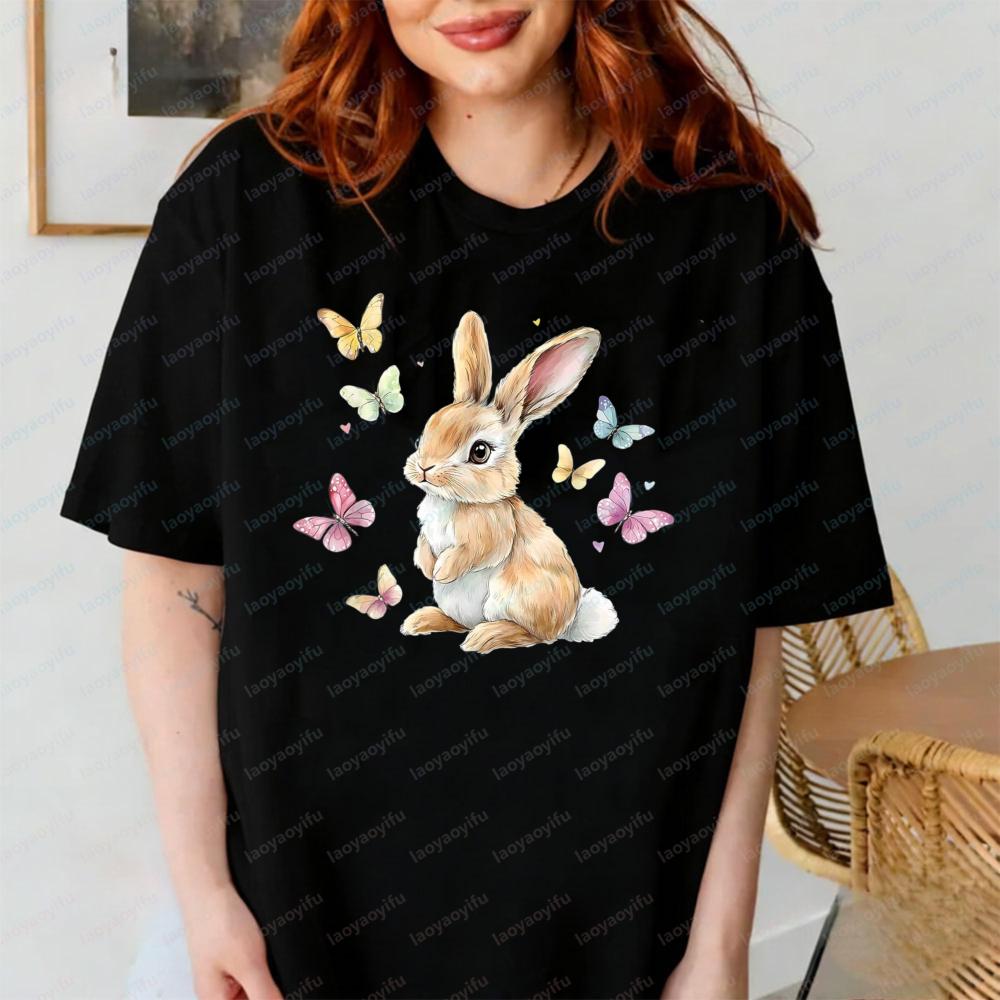 Linda Camiseta De Conejo De Pascua Con Mariposa Negro Graphic T Shirts Unisex Clothing Gothic Aesthetic Clothes Gothic Tops