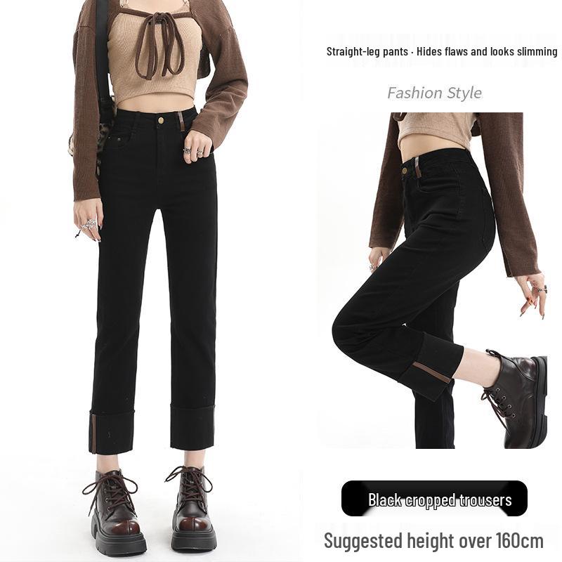 Cement Gray High Waist Petite Cropped Straight Leg Jeans for Women - Spring/Autumn 2023 S