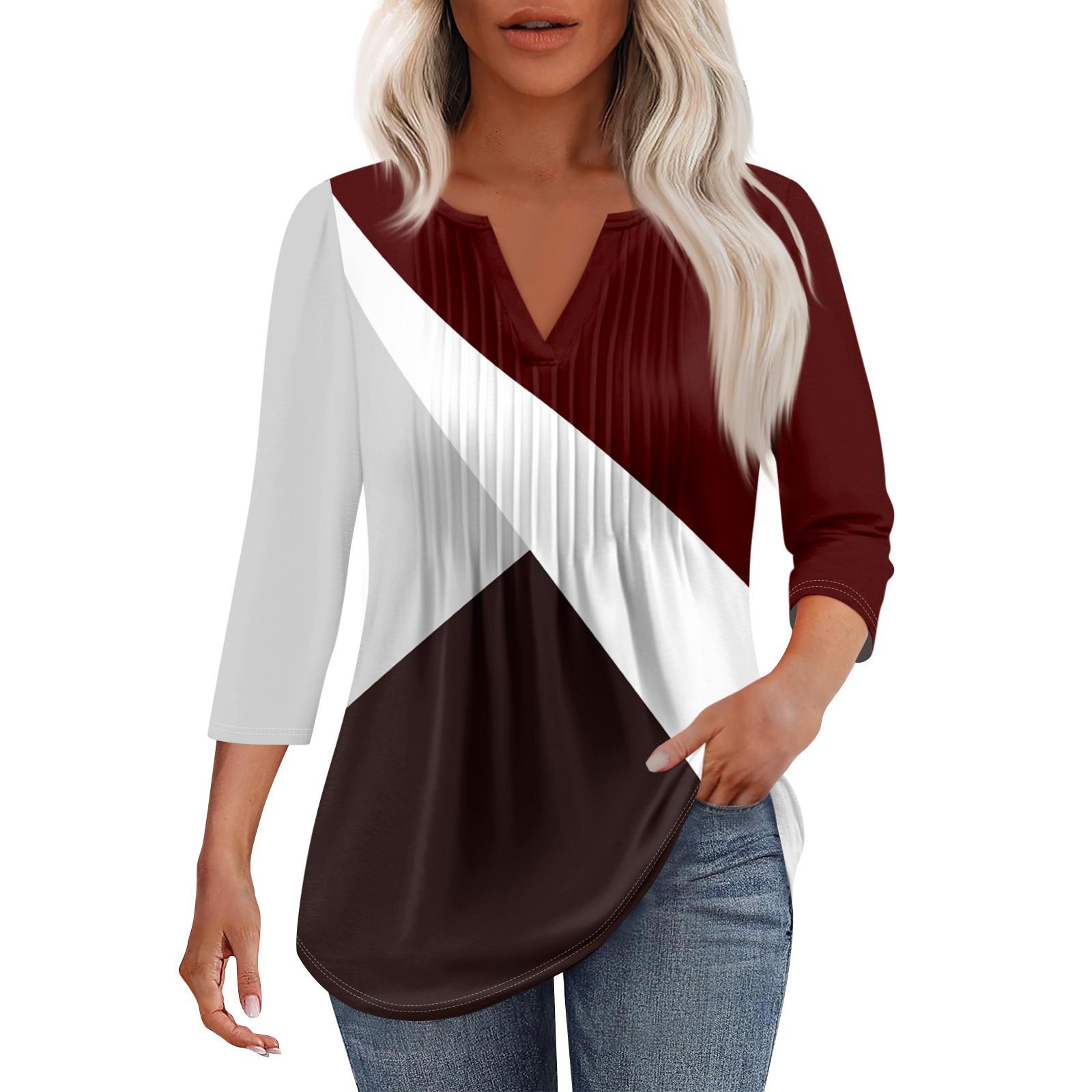 

Женская модная повседневная плиссированная футболка с V-образным вырезом и рукавом семь четвертей S красный