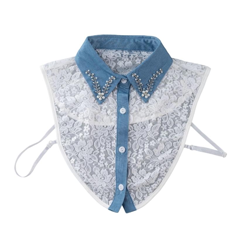 Elegant Lace Pearls Detachable Collar Rhinestones Embellished Polyester For Formal Wear белый