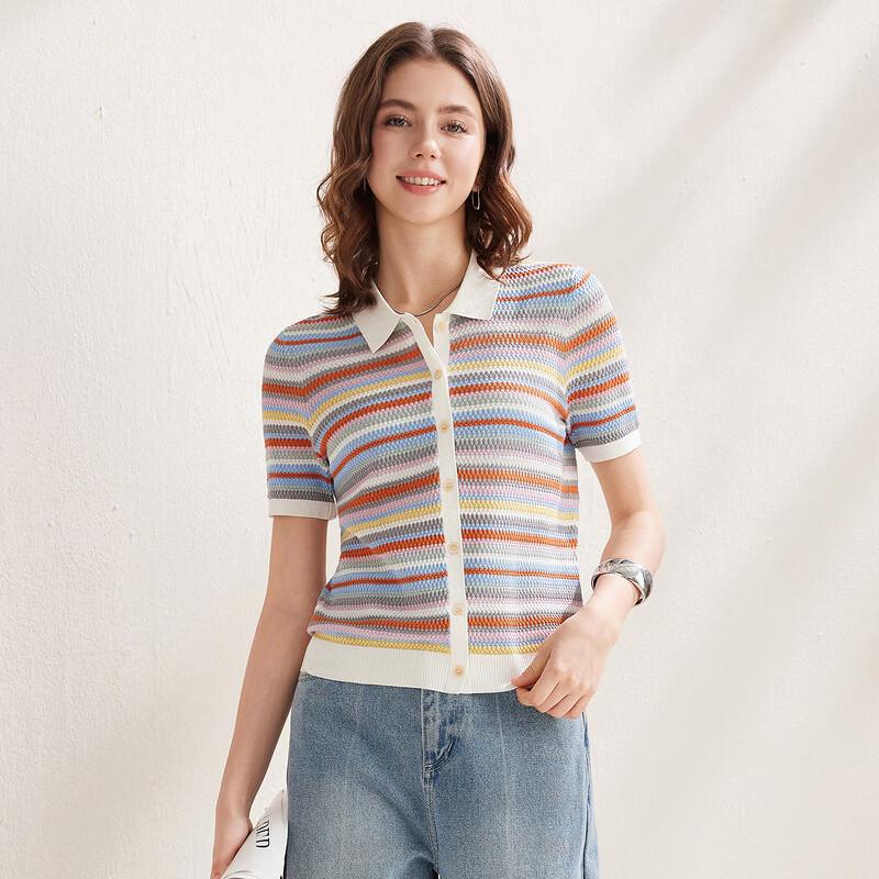 Women's Mulberry Silk Blend Striped Short Sleeve Knit Top