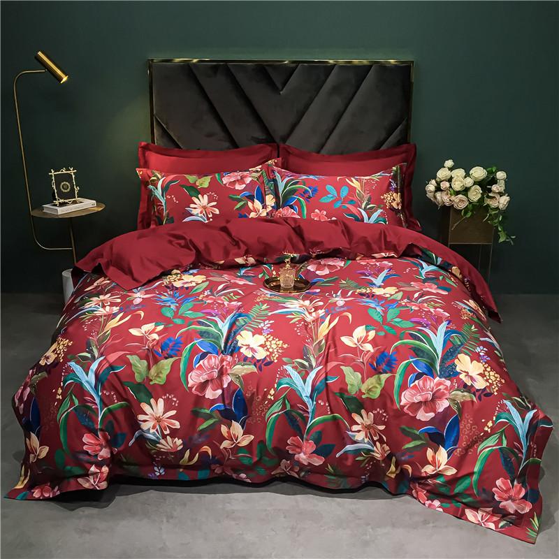 140TC Egyptian Coton Floral Bird Printing Beding Set, Soft Duvet Cover, Bed Shet, Pilowcases, American Style, High-End Premium 4Pcs