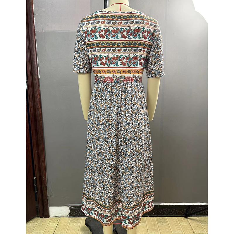 Sommer Böhmisch Bedrucktes Übergröße Damenkleid Mode Rundhals Kurzarm Lässige Lange Kleider Damen Elegant A-Linie Urlaubs Strandkleid 26653