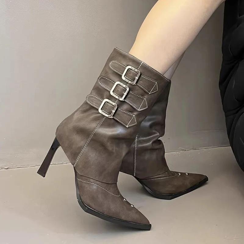 

Кожаные женские полусапоги с острым носком, сексуальные туфли на высоком каблуке, тренд 2025, зимняя мода, новые туфли-лодочки с пряжкой, готические ботильоны для женщин 40 хаки