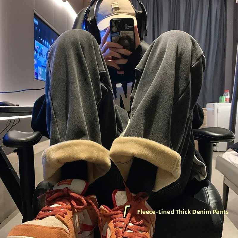 Thickened Fleece Lined High Waist Loose Fits Jeans Womens Winter Straight Leg Wide Leg Trousers