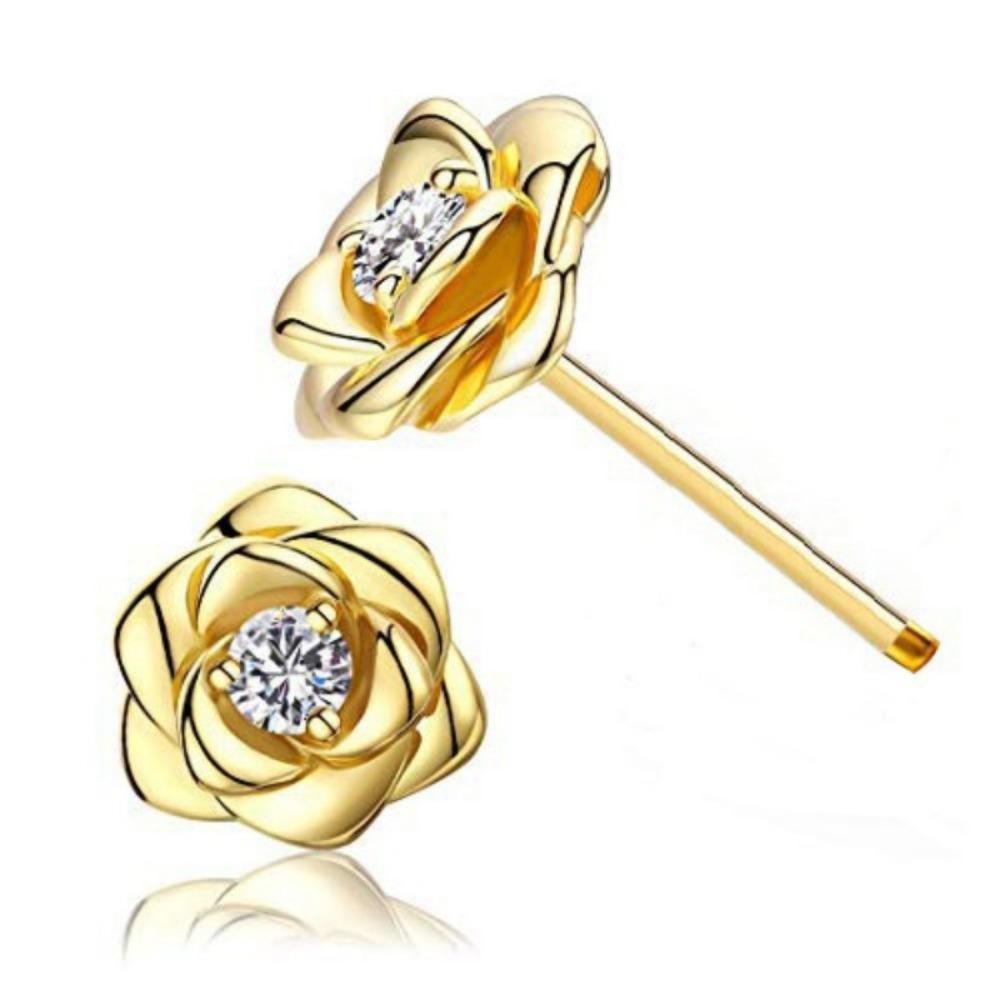 Rose Gold Flower and Diamond Stud Earrings, Fashionable and Beautiful
