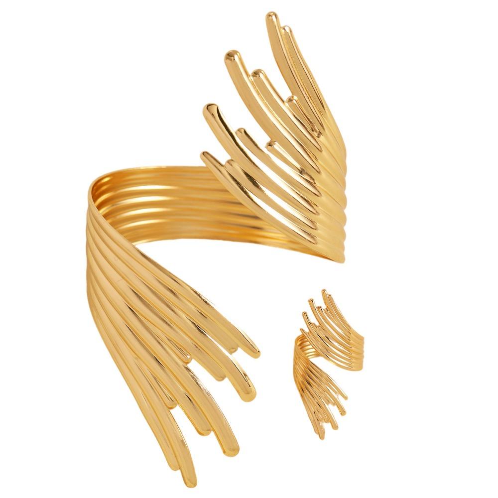 Exaggerated Personality Stainless Steel Feather Wings Open Bangles Rings Set for Women Fashion Designer Banquet Jewelry Gifts