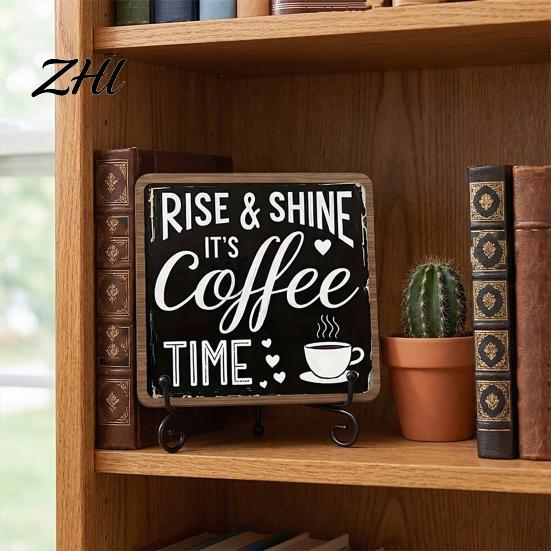 Coffee Sign Wall Decor Wooden Bar with Iron Stand, Vintage Black & White Cafe Artistic Corner Art, Rustic Tabletop or Hanging Frame for Farmhouse