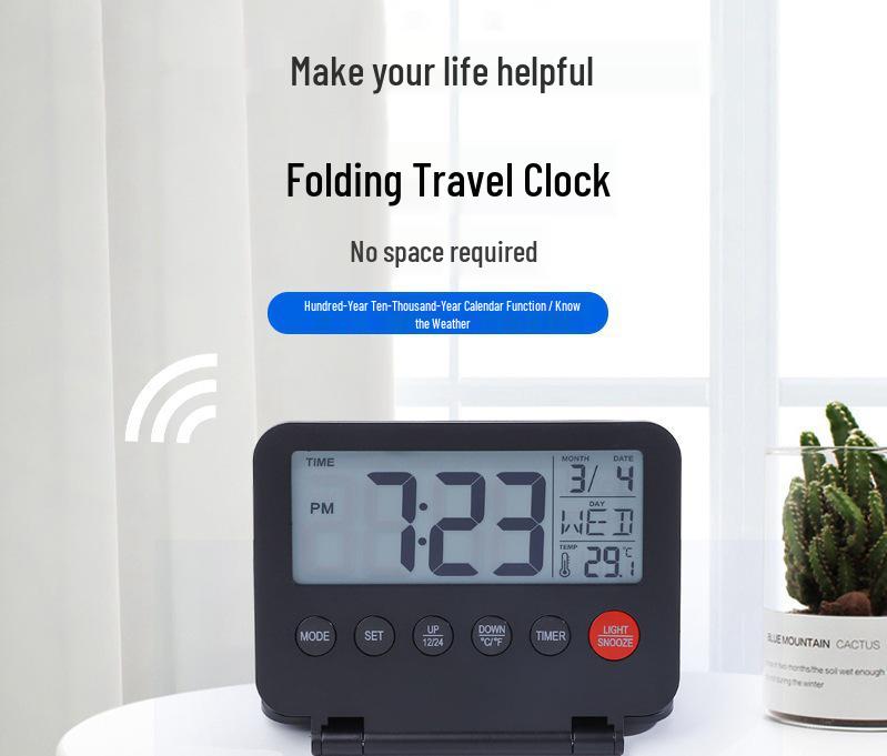 Ultra-Thin Multi-Functional Travel Alarm Clock with Light, Flip Design, Model 035