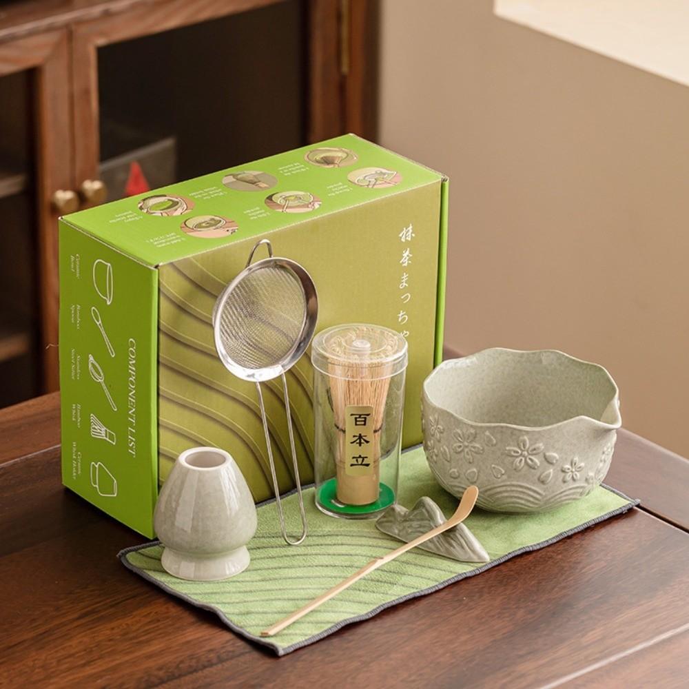 2/4/7 Pezzi Nuova Ciotola in Ceramica per Matcha Fiore Ciliegio Kit per Preparare il Matcha Riutilizzabile con Beccuccio Porta Frusta per Matcha Amanti del Tè