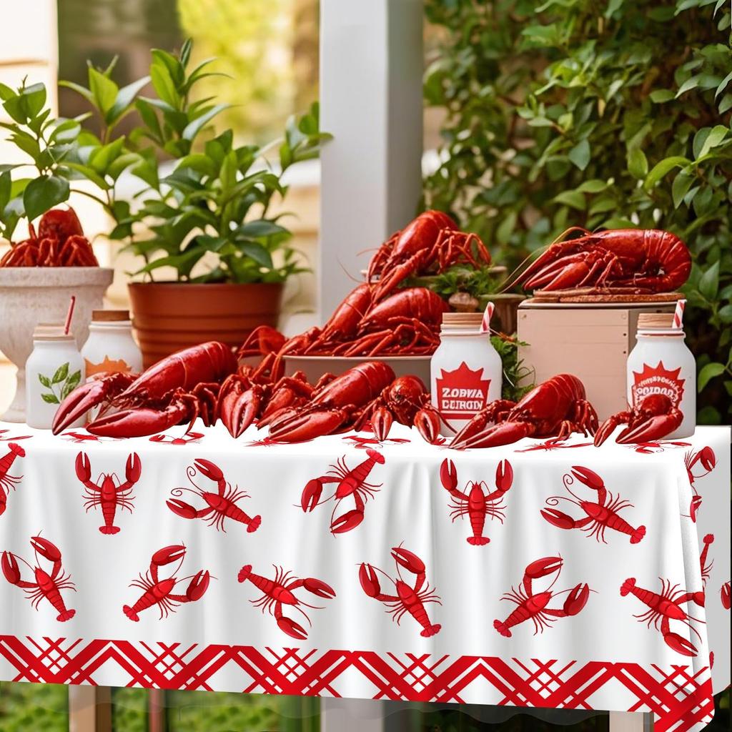 4Pcs Crawfish Tablecloth Birthday Party White and Red Crawfish Table Covers 51 x 86 Rectangle Lobster Table Cloth for Birthday Party Baby Shower