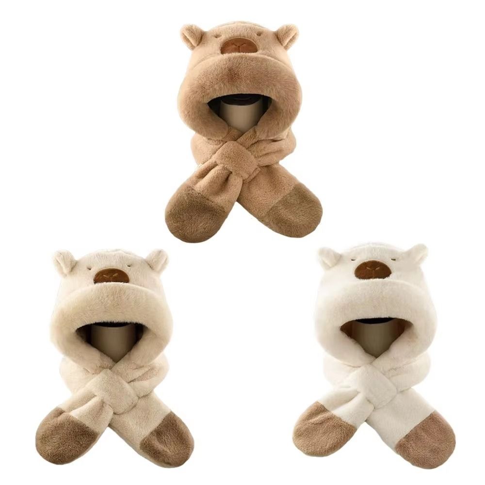 Thickened Capybara Hooded Scarf Set Soft Plush Plush Hat Scarf Set  Cycling Protection