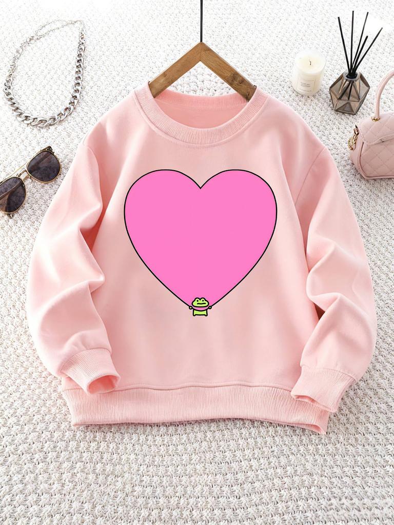 Girls' Round Neck Sweatshirt with Heart Cartoon Frog Print, Christmas Outfit, Suitable for Casual Wear