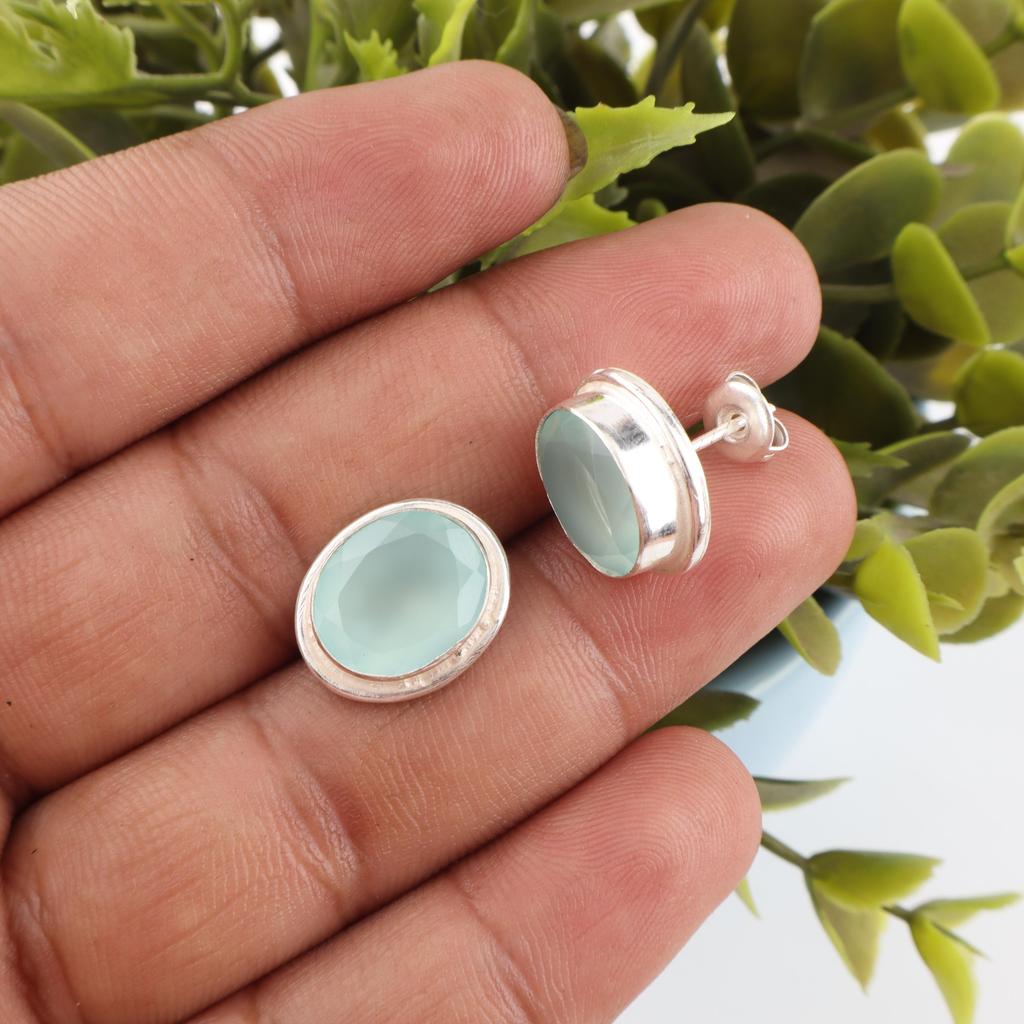 Aqua Chalcedony Gemstone Jewelry, 925 Sterling Silver Earrings, Handmade Jewelry, Chalcedony Silver Earrings For Wedding Gift