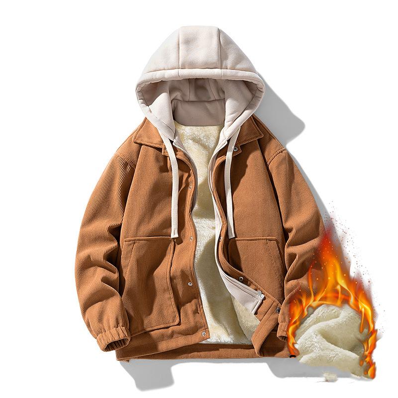 Men's Winter Thickened Warm Jacket Lined with Fleece Zipper Button Hooded Jacket