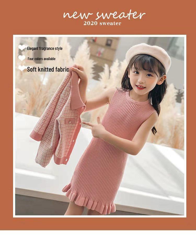 Dívčí dvoudílný módní podzimní/zimní 2022 pletený svetrový a sukňový set