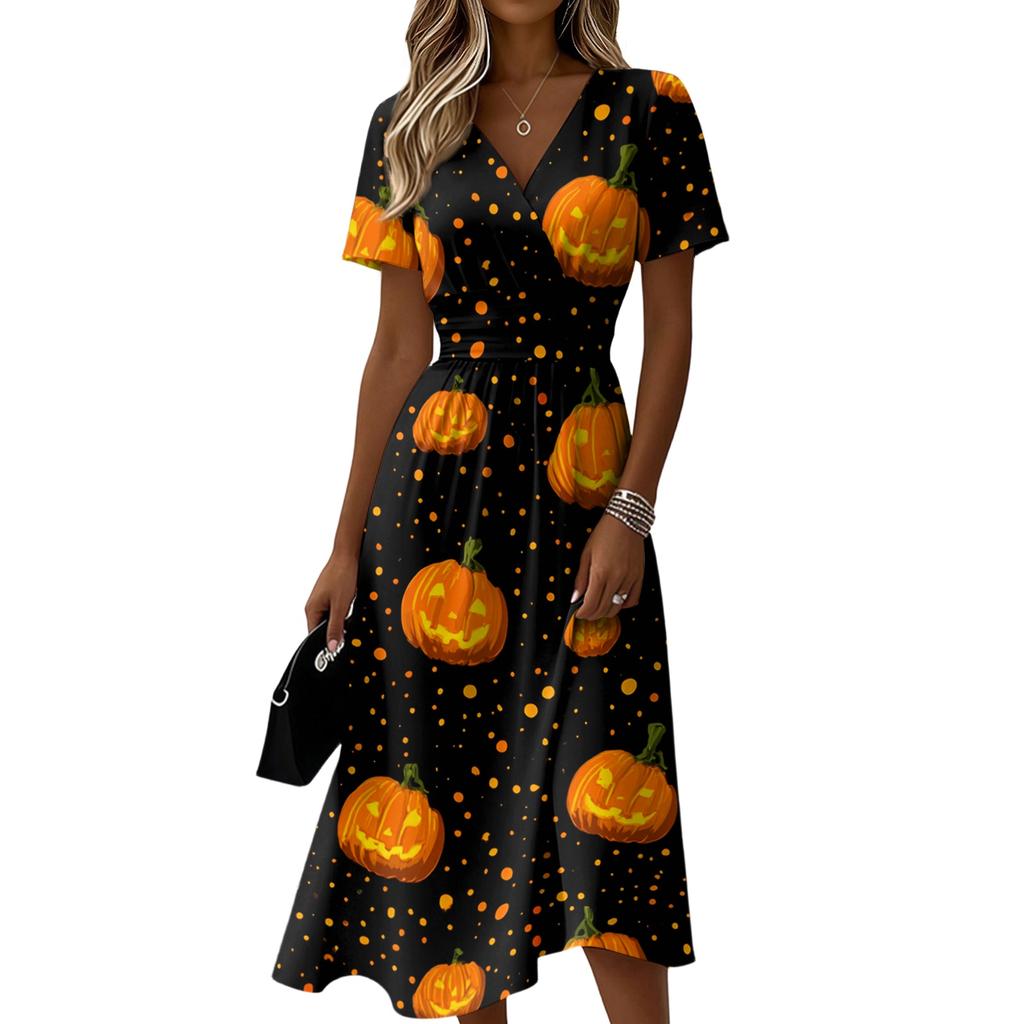 Women's V-Neck Short Sleeve Halloween Print Casual Dress for Halloween Party
