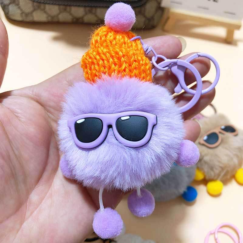 Mignon Cartoon Loutre Lapin Fourrure Lunettes Pendentif Porte-clés Ornement