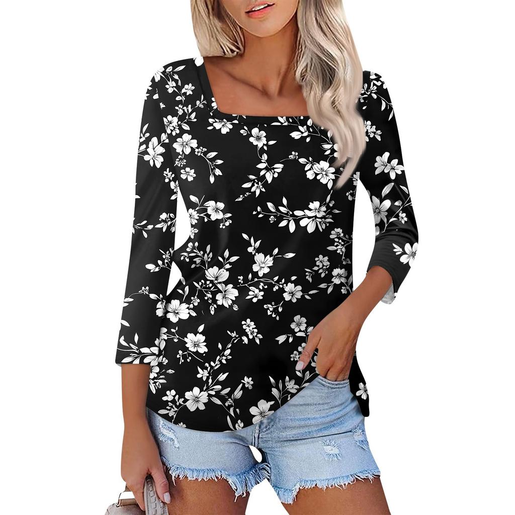 Maglietta da donna alla moda, casual, con scollo quadrato, manica a 3/4, ampia e stampata, top da donna