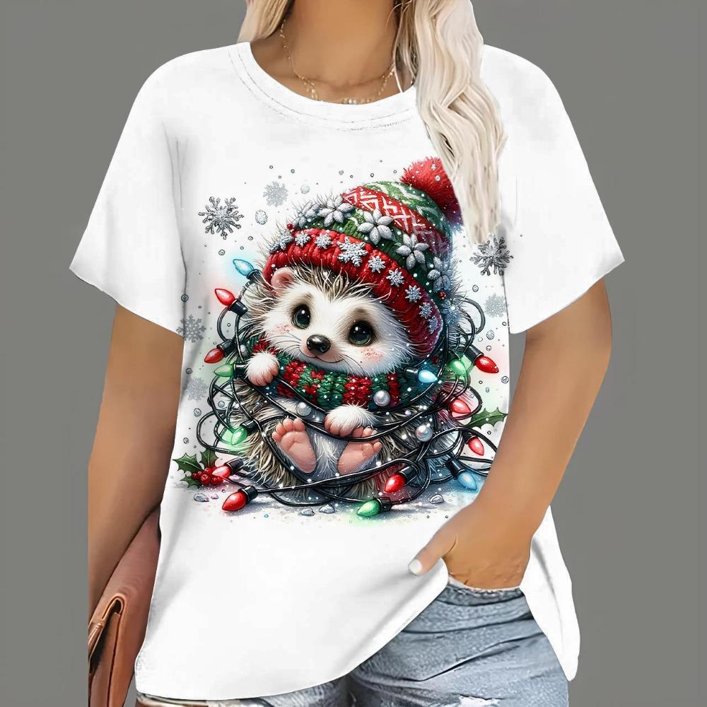 Women's Christmas T-shirt, cartoon Santa Claus print, short-sleeve, round-neck, casual party loose top
