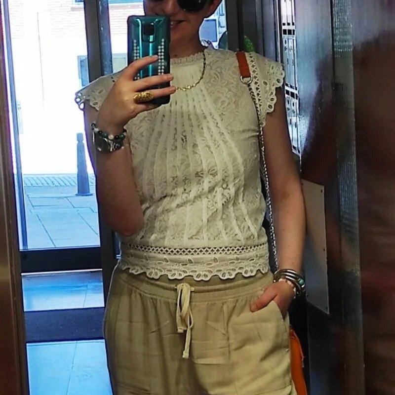 Bluze casual de vară, solide, pentru femei, cu mâneci petale, cu dantelă florală, bluze din șifon dulce, cu gâtul în formă de O, cămăși scurte elegante