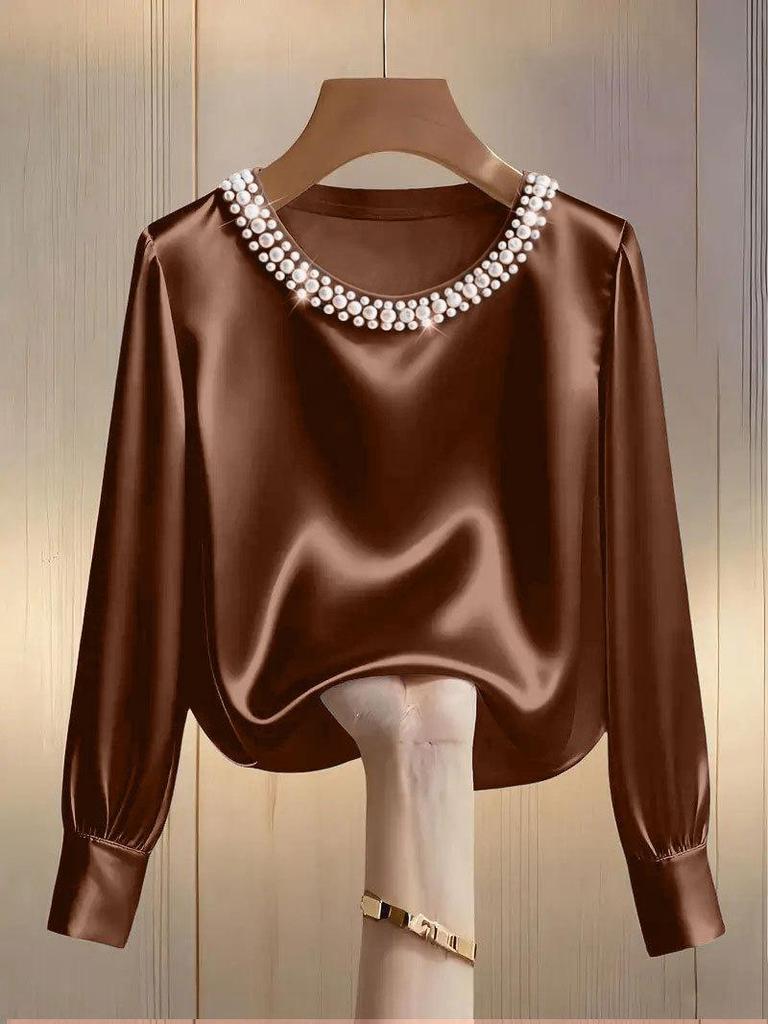 2026 French High-End Pearl Round Neck Satin Top for Women - Spring/Summer Collection
