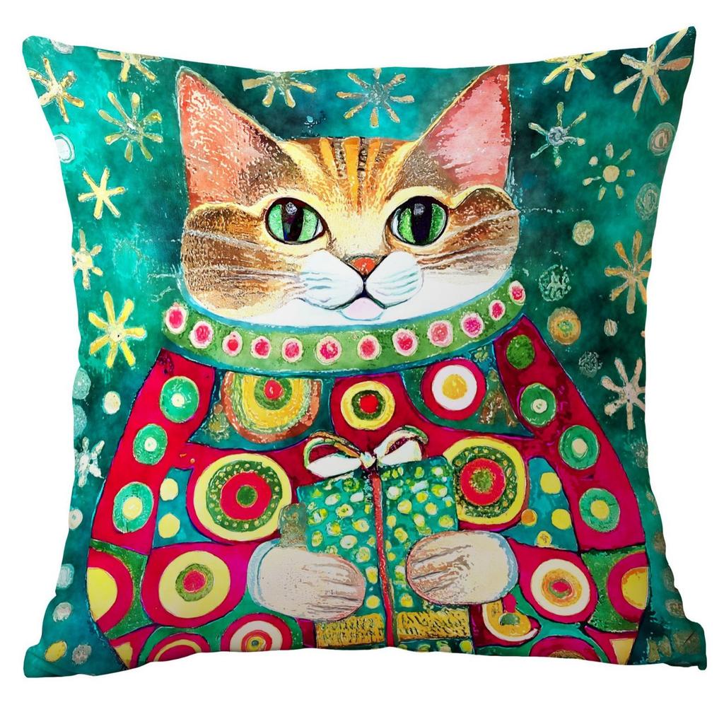 Față de pernă nouă de Crăciun cu desene animate, Crăciun, Acuarelă, Pisică, Creativă, Acuarelă, Sărbători, Casă, Pernă, Față de pernă