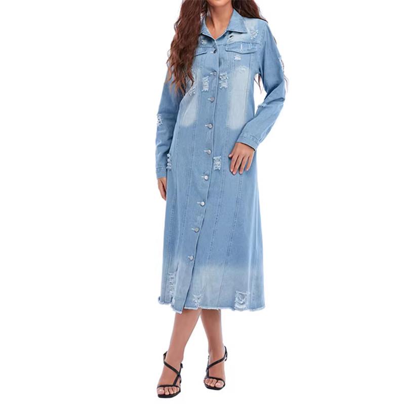 European & American Spring/Autumn Women's Washed Ripped Denim Long Sleeve Trench Coat with Lapel