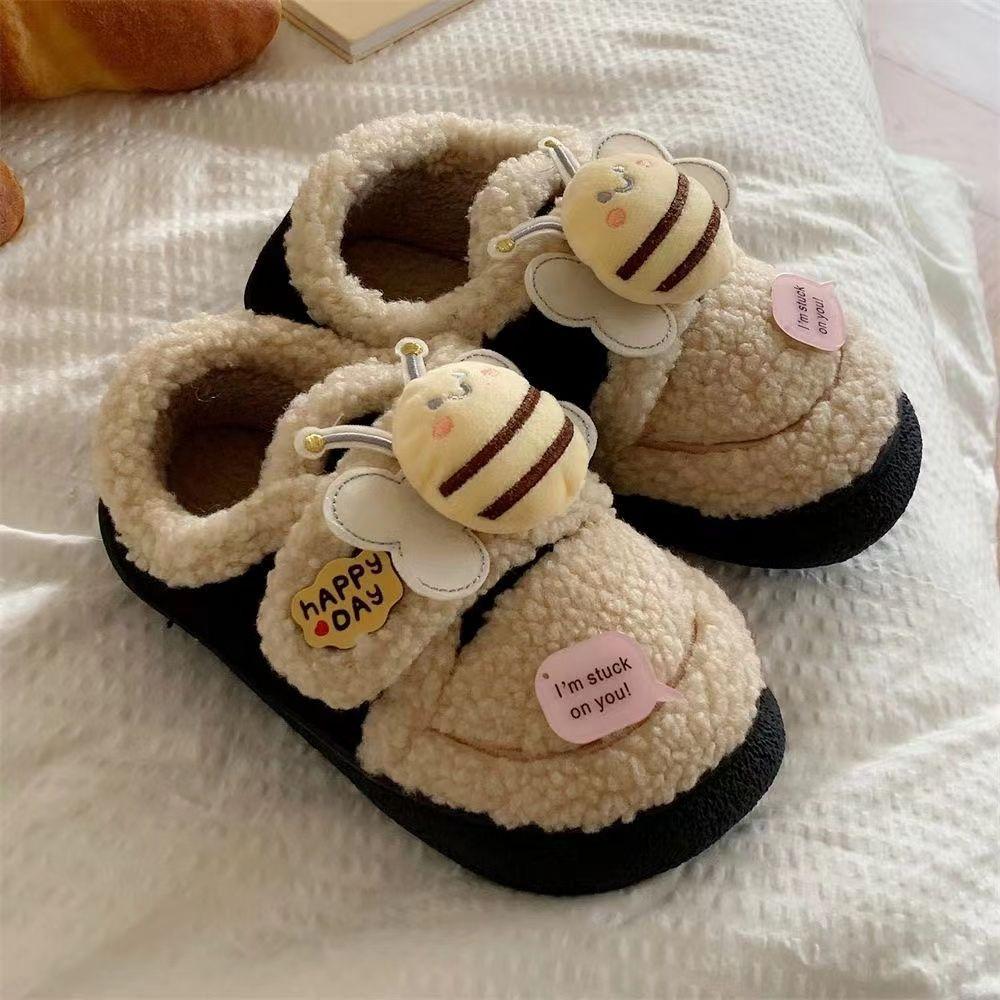 2025 Winter New Cute Fun Little Bee Parent-child Cotton Slippers Non-slip and Velvet Warm Loafer Beanie Shoes Women