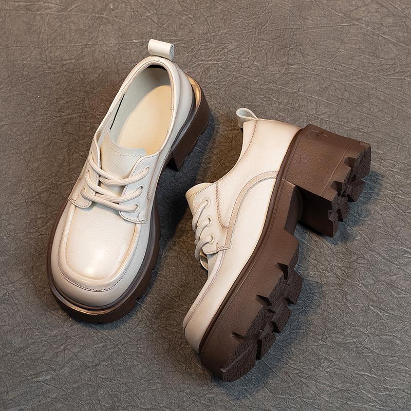 

Женские лоферы из первого слоя коровьей кожи весна-осень 2025 новая кожаная обувь на толстой подошве-маффин на шнуровке повседневная женская обувь 40